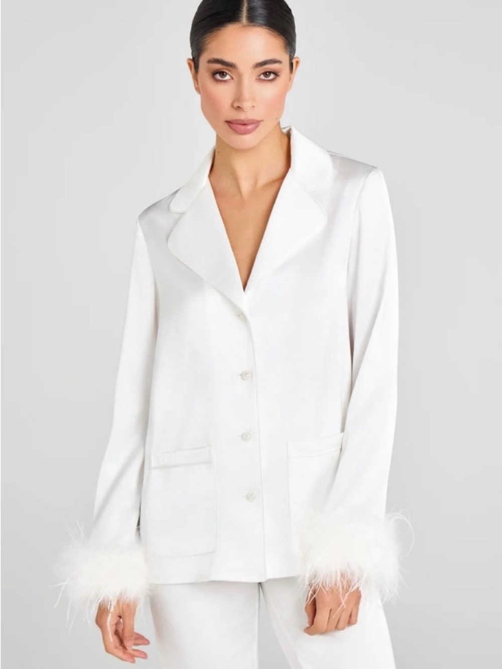 NADINE MERABI White Feather-Trim Satin Lounge Set White - Picture 4 of 8